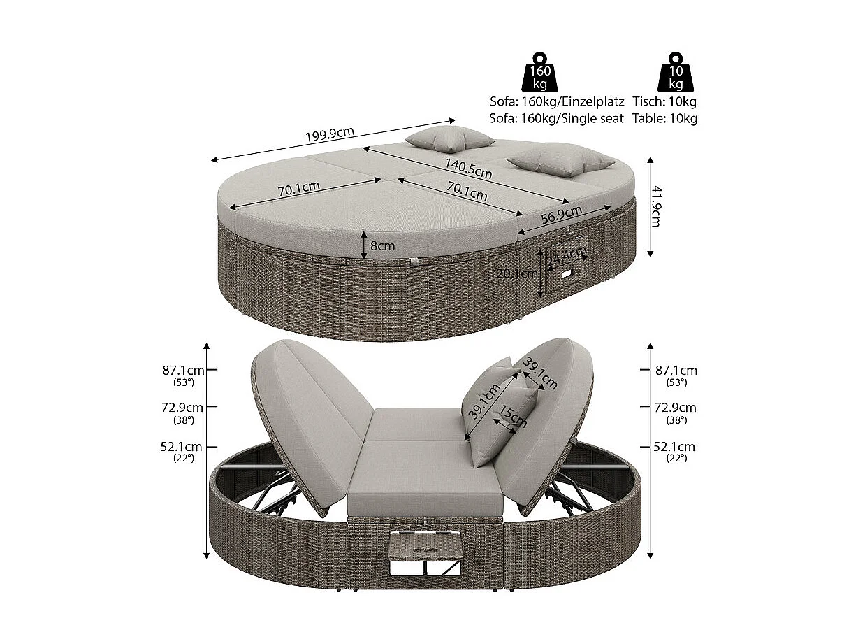 Chaise longue double en rotin - Chaise longue de jardin avec cadre latéral - Angle réglable individuellement - Avec coussins - 2 places - Gris