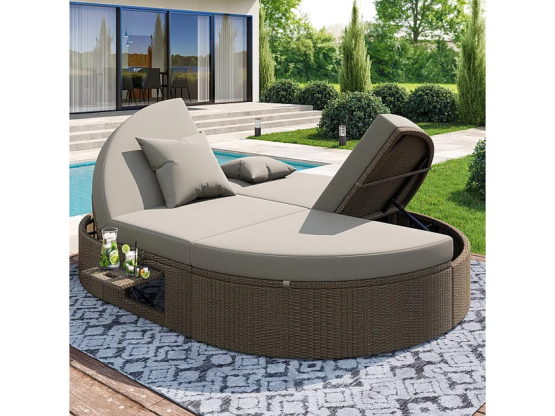 Chaise longue double en rotin - Chaise longue de jardin avec cadre latéral - Angle réglable individuellement - Avec coussins - 2 places - Gris
