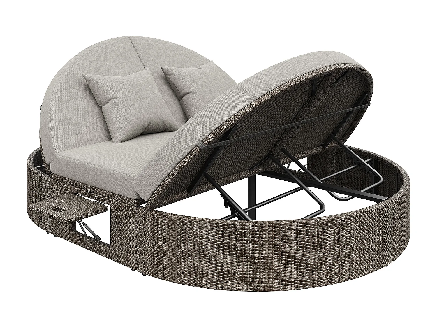 Chaise longue double en rotin - Chaise longue de jardin avec cadre latéral - Angle réglable individuellement - Avec coussins - 2 places - Gris