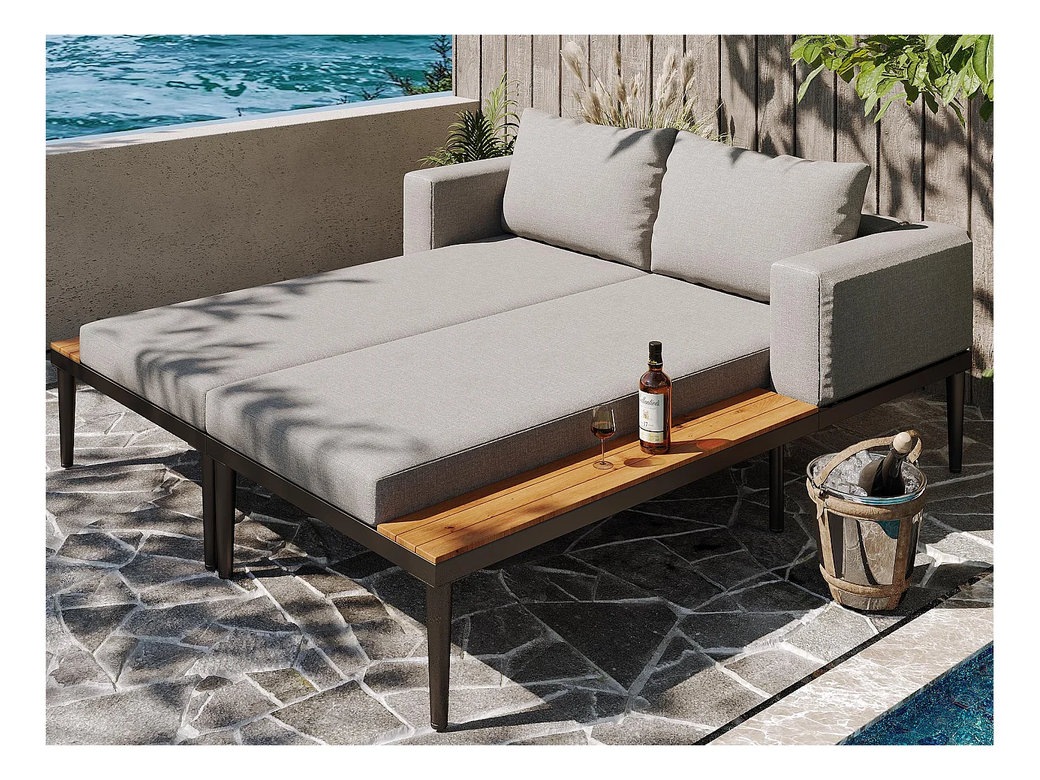Canapé-lit double pour terrasse extérieure 150x140x30cm - Canapé-lit multifonction imperméable - Avec étagère - Métal, Polyester - Gris