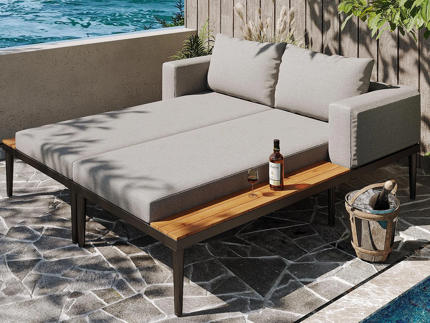 Sofá-cama duplo para terraço exterior 150x140x30cm - Sofá-cama multifuncional impermeável - Com prateleira - Metal, Poliéster - Cinza