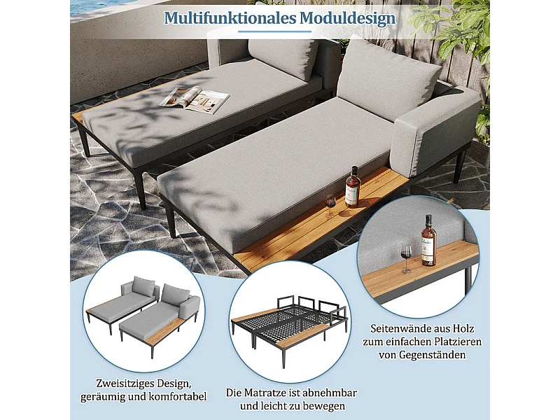 Sofá-cama duplo para terraço exterior 150x140x30cm - Sofá-cama multifuncional impermeável - Com prateleira - Metal, Poliéster - Cinza