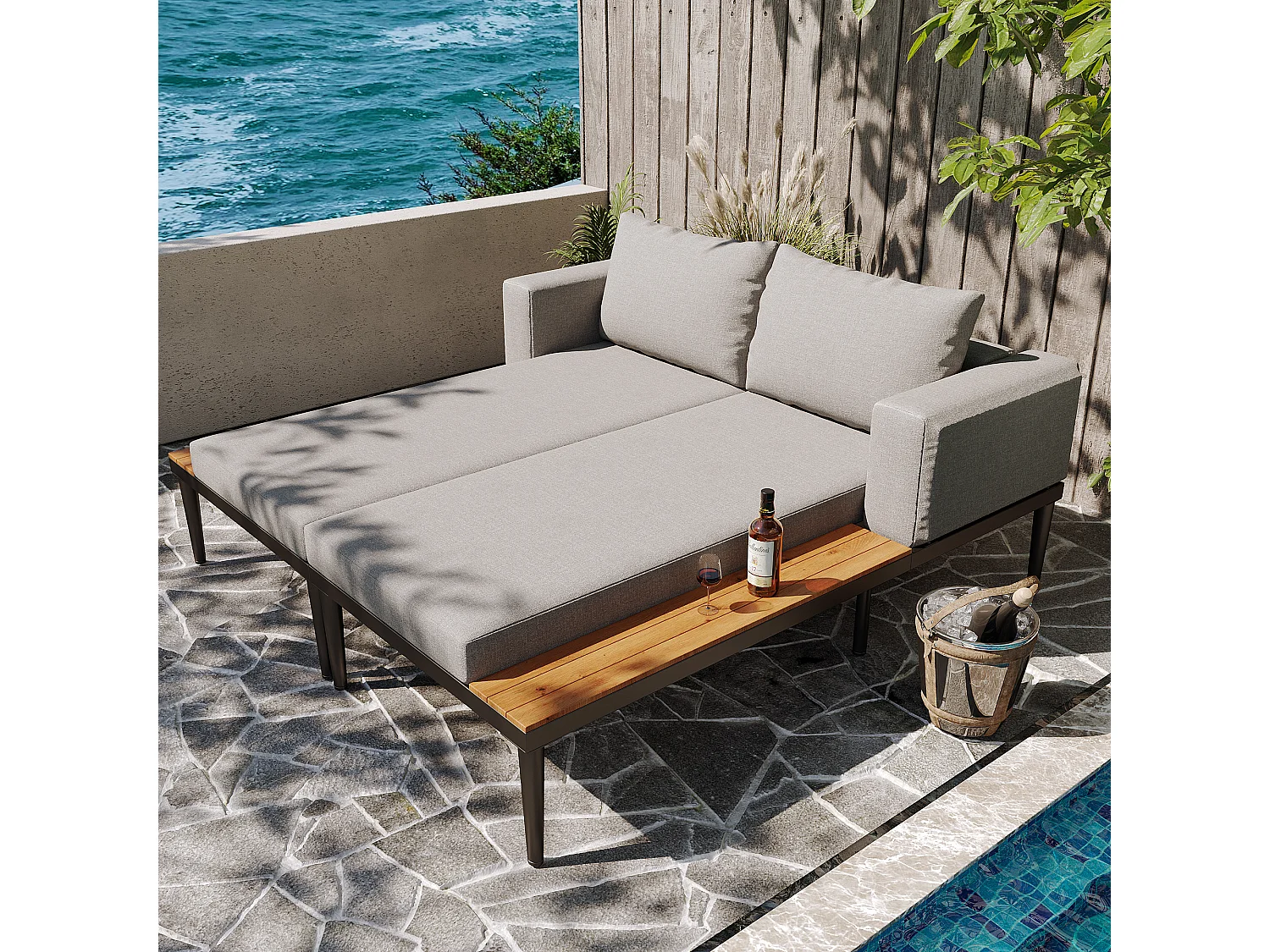 Sofá-cama duplo para terraço exterior 150x140x30cm - Sofá-cama multifuncional impermeável - Com prateleira - Metal, Poliéster - Cinza