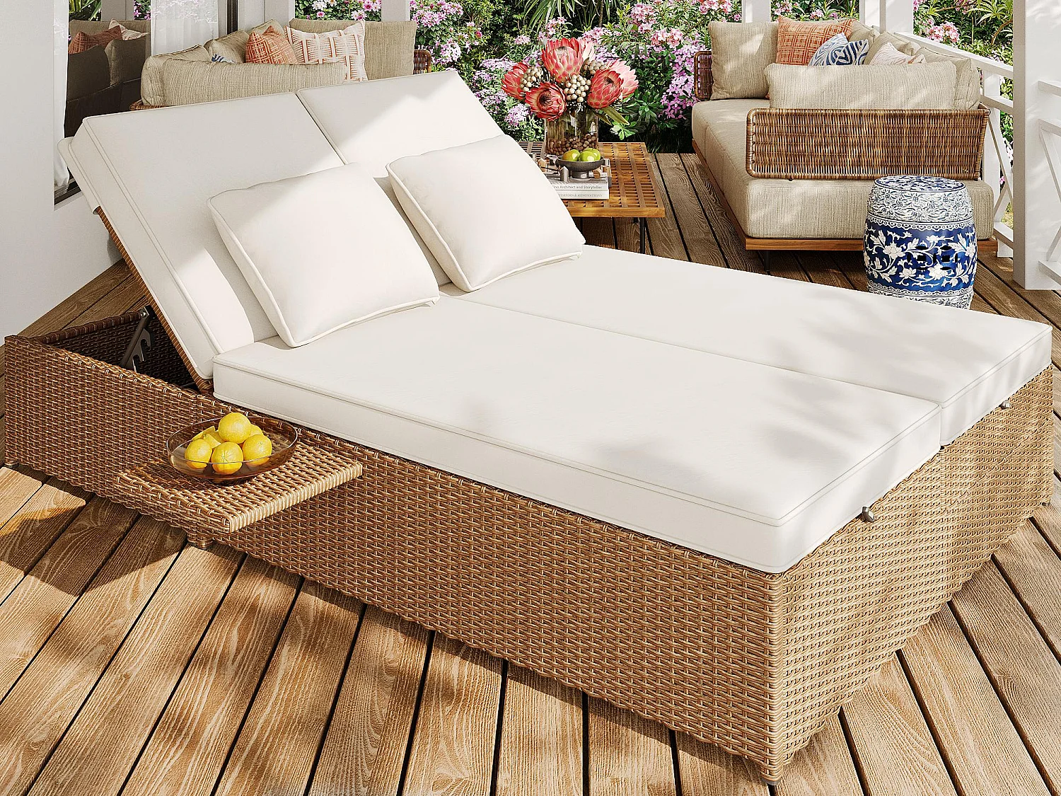 Salão de jardim para 2 pessoas - Sofá lounge de ratã PE com 2 travesseiros e dobrável - Conjunto de espreguiçadeiras de jardim - Natural