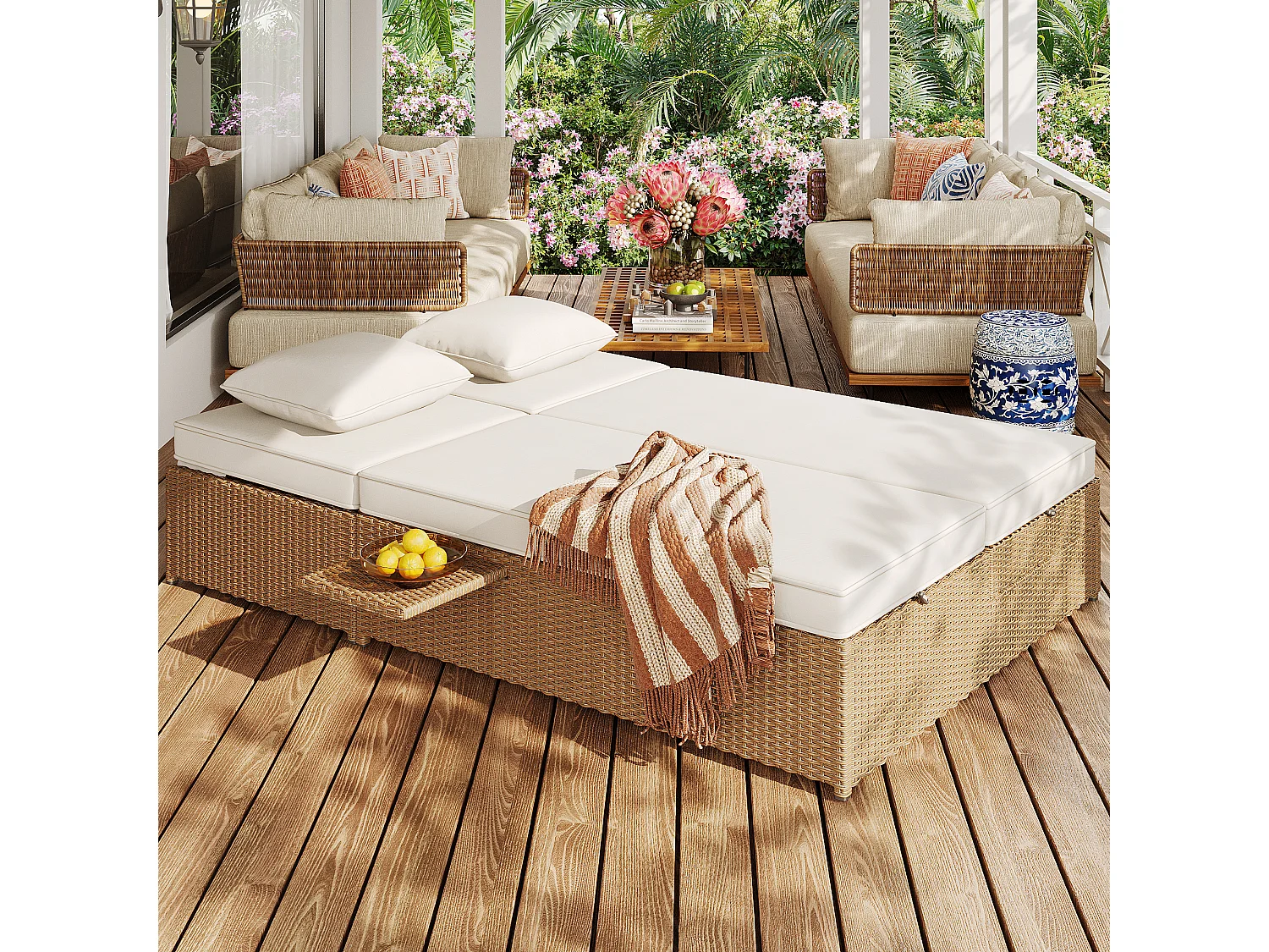 Salão de jardim para 2 pessoas - Sofá lounge de ratã PE com 2 travesseiros e dobrável - Conjunto de espreguiçadeiras de jardim - Natural