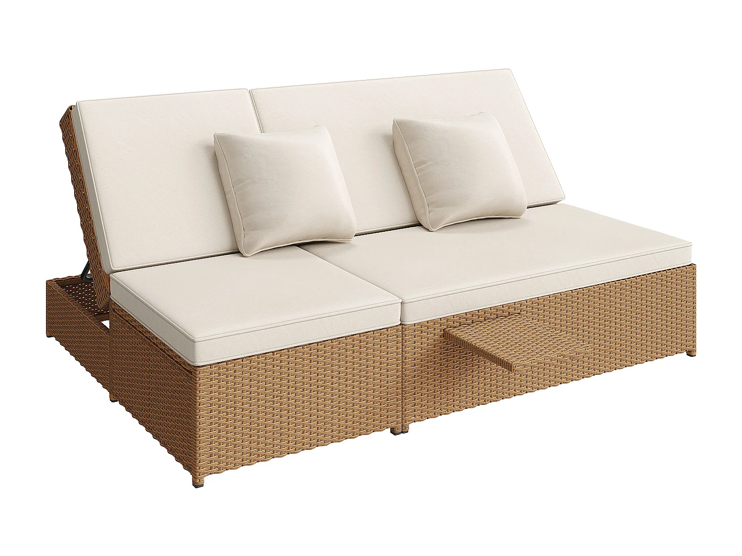 Salão de jardim para 2 pessoas - Sofá lounge de ratã PE com 2 travesseiros e dobrável - Conjunto de espreguiçadeiras de jardim - Natural