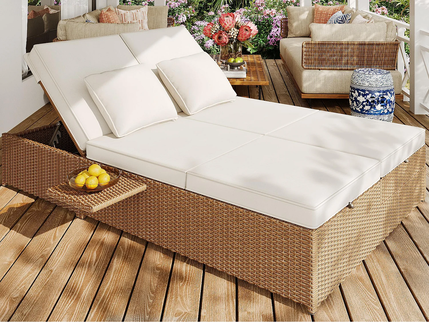 Garten-Salon für 2 Personen - Lounge-Sofa aus PE-Rattan mit 2 Kissen und faltbar - Set von Gartenliegestühlen - Natur