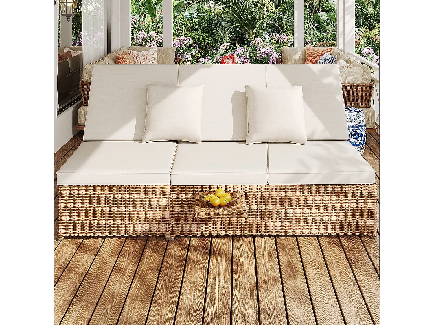 Garten-Salon für 2 Personen - Lounge-Sofa aus PE-Rattan mit 2 Kissen und faltbar - Set von Gartenliegestühlen - Natur