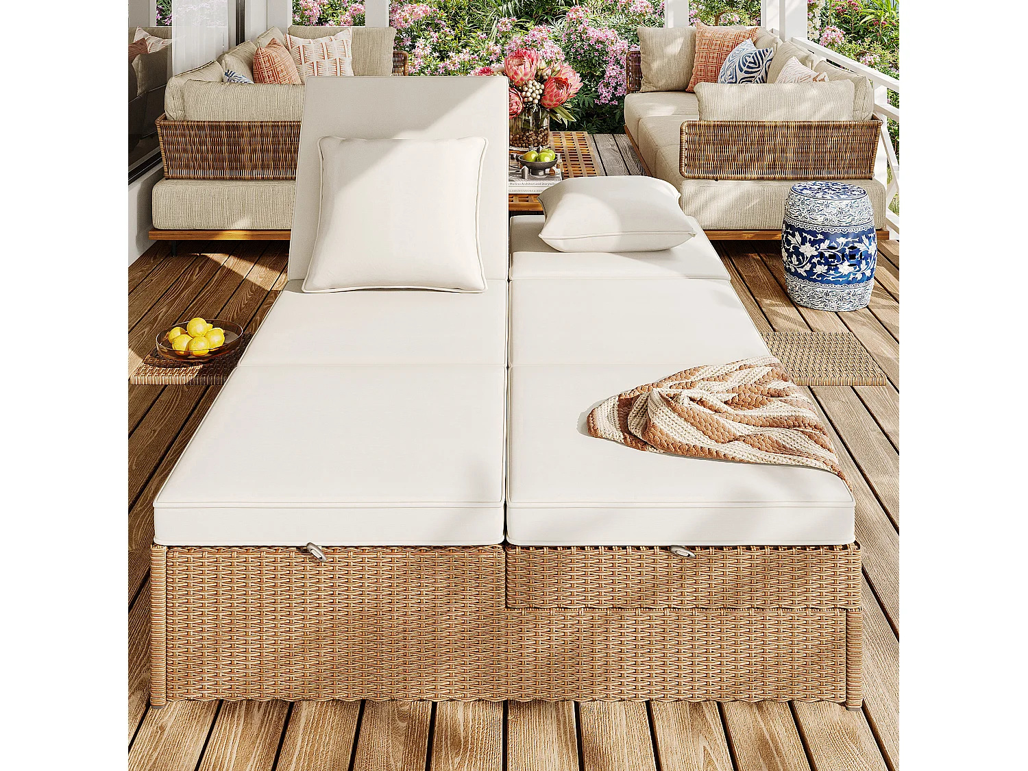 Garten-Salon für 2 Personen - Lounge-Sofa aus PE-Rattan mit 2 Kissen und faltbar - Set von Gartenliegestühlen - Natur