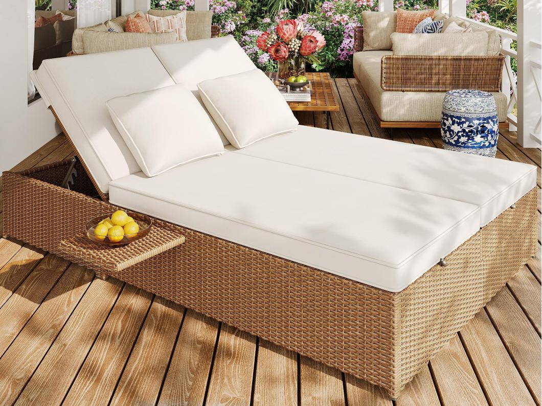 Tuinsalon voor 2 personen - Lounge-sofa van PE-rotan met 2 kussens en opvouwbaar - Set van tuinstoelen - Natuurlijk