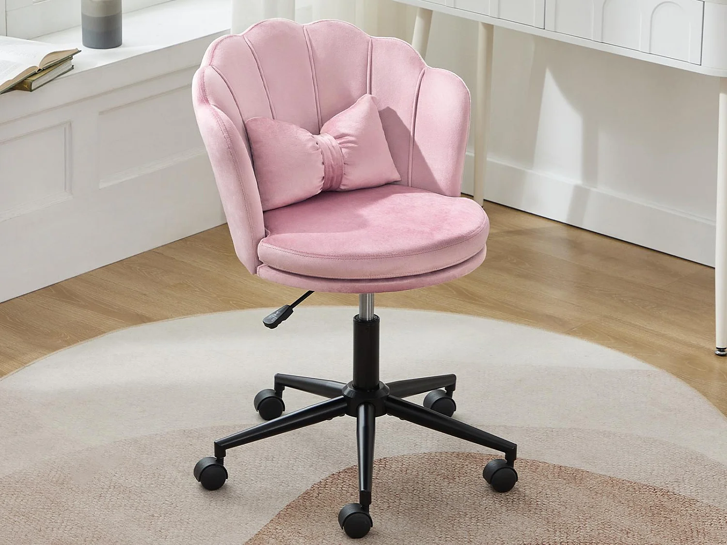 Einfacher Stuhl - Rückenlehne in Blütenblattform + Lendenwirbelsäulenkissen in Schmetterlingsform - höhenverstellbar - weicher Sitzkissen - rosa