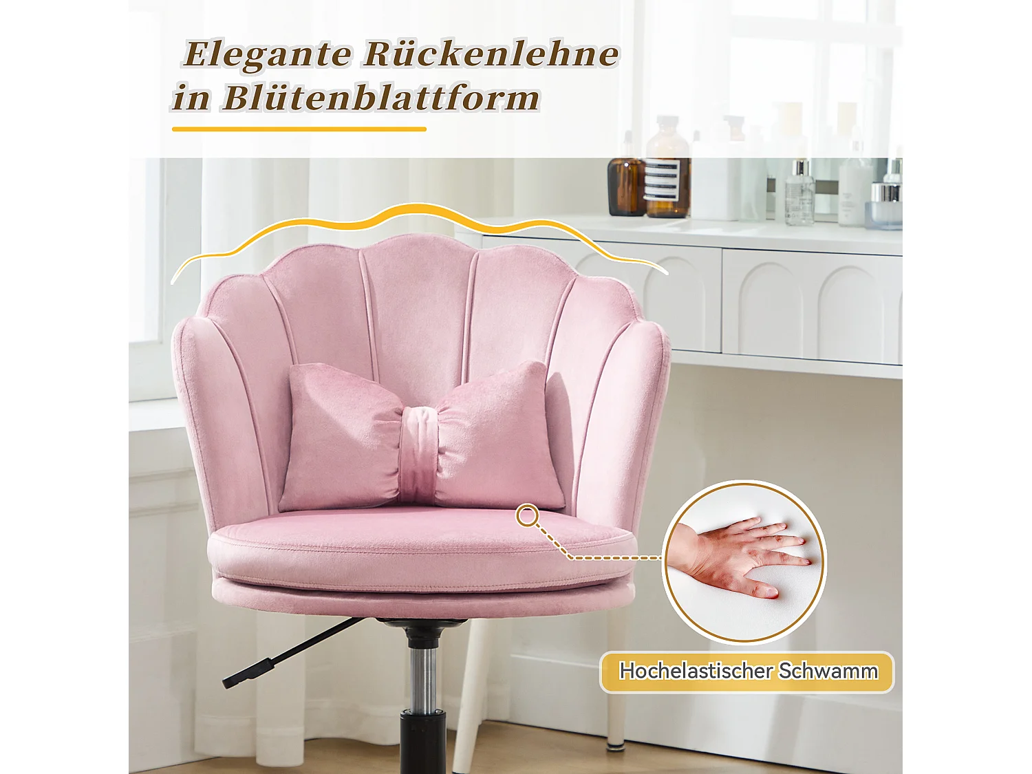 Einfacher Stuhl - Rückenlehne in Blütenblattform + Lendenwirbelsäulenkissen in Schmetterlingsform - höhenverstellbar - weicher Sitzkissen - rosa