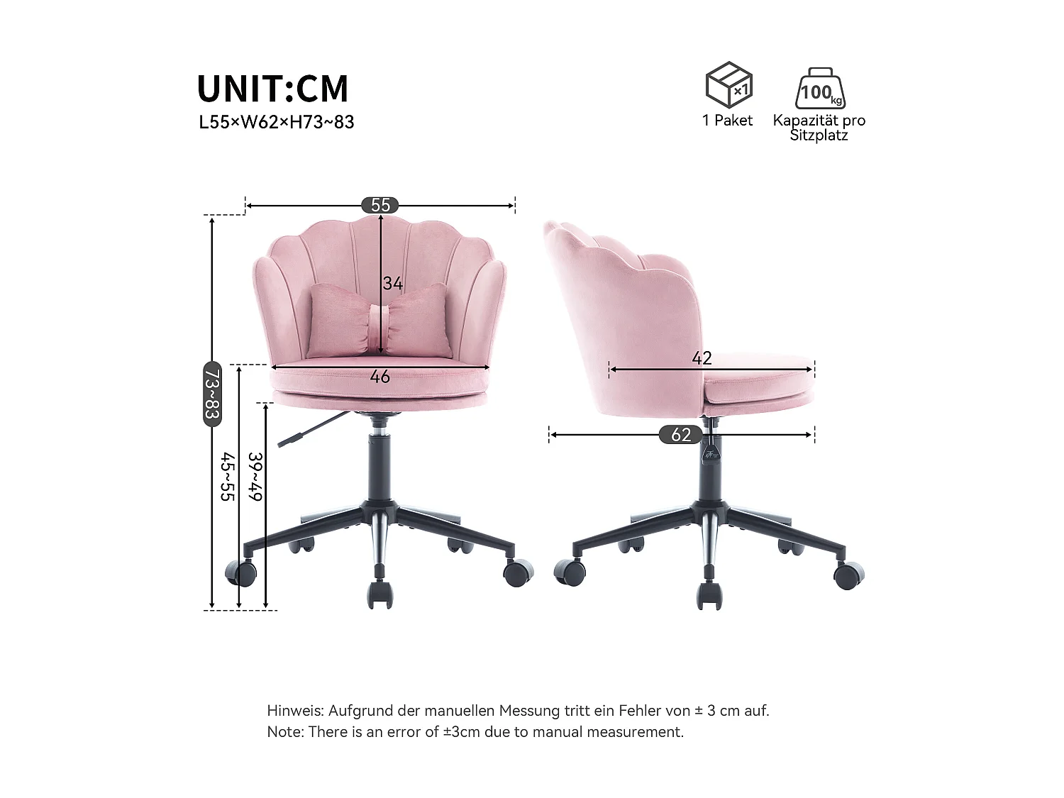 Einfacher Stuhl - Rückenlehne in Blütenblattform + Lendenwirbelsäulenkissen in Schmetterlingsform - höhenverstellbar - weicher Sitzkissen - rosa