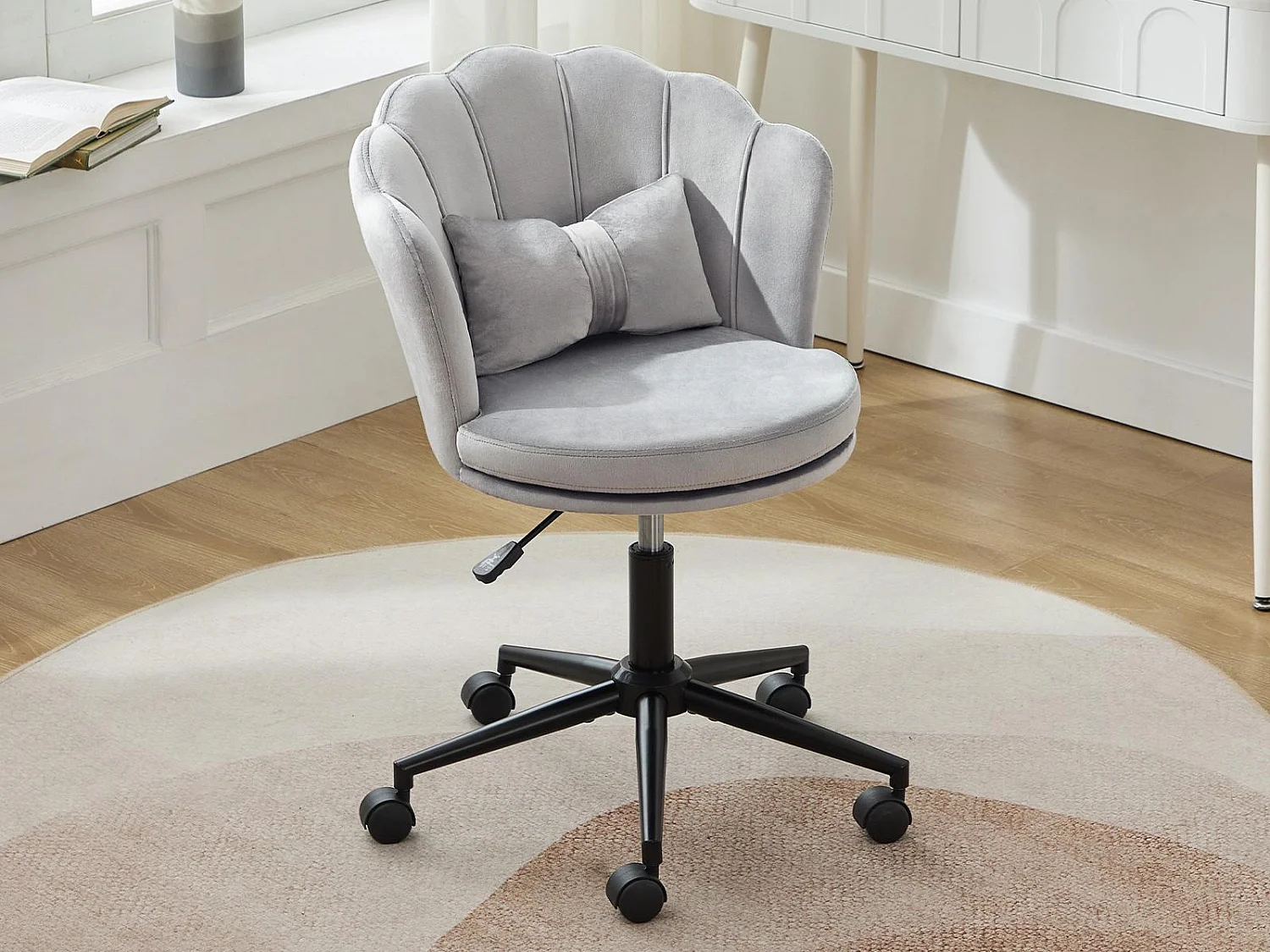 Chaise simple - dossier en forme de pétale + coussin lombaire en forme de papillon - réglable en hauteur - coussin d'assise moelleux - gris