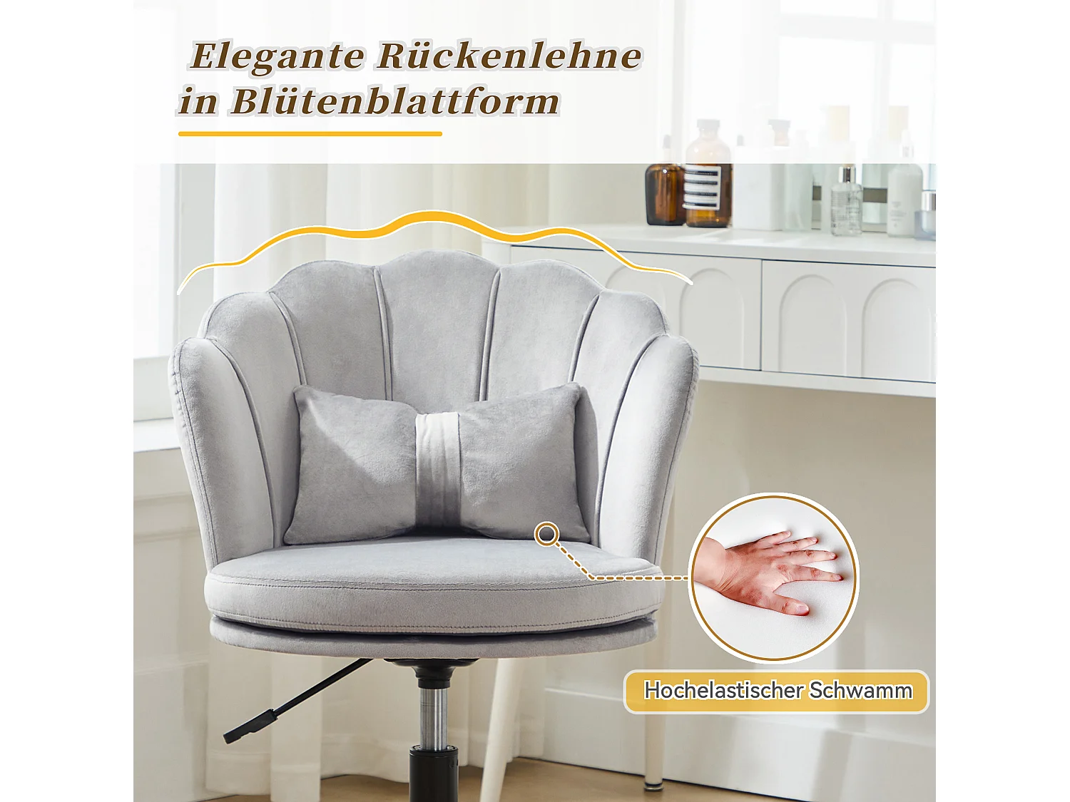 Chaise simple - dossier en forme de pétale + coussin lombaire en forme de papillon - réglable en hauteur - coussin d'assise moelleux - gris