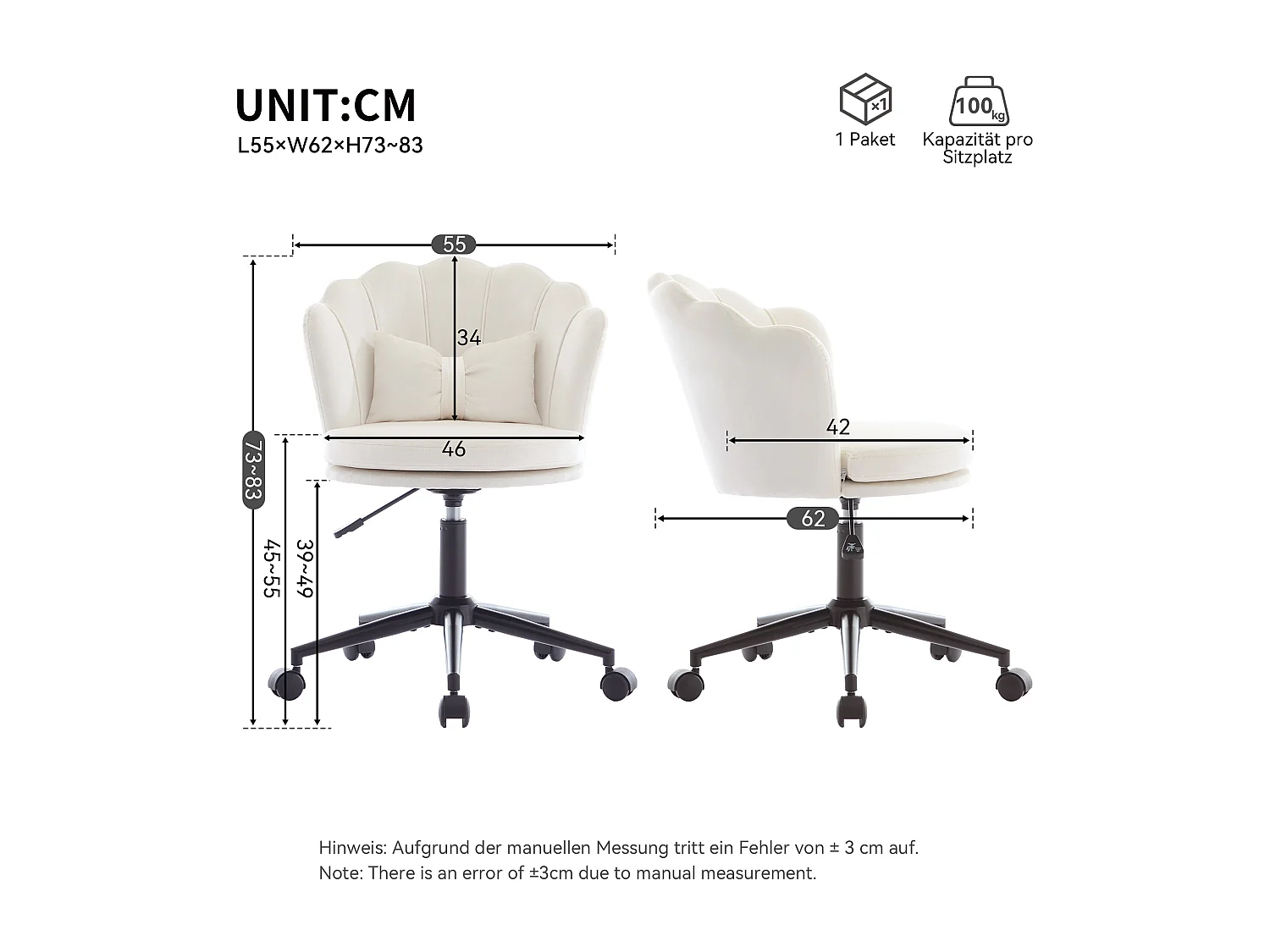 Chaise simple - dossier en forme de pétale + coussin lombaire en forme de papillon - réglable en hauteur - coussin d'assise moelleux - blanc