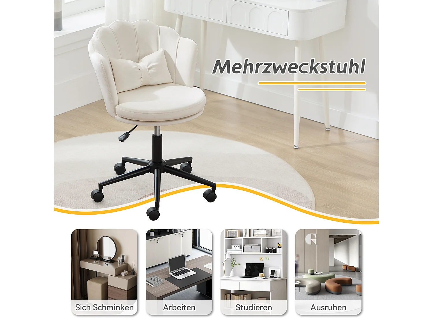 Chaise simple - dossier en forme de pétale + coussin lombaire en forme de papillon - réglable en hauteur - coussin d'assise moelleux - blanc