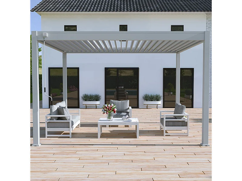 Pergola bioclimatica Ombréa autoportante VS - 3x4M Grigio perla + 1 tenda 4M bianca