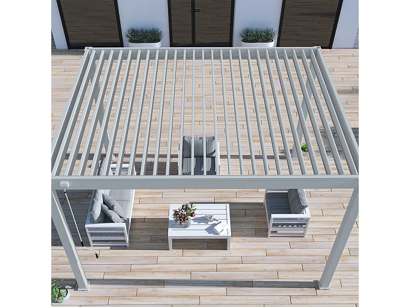 Pergola bioclimatica Ombréa autoportante VS - 3x4M Grigio perla + 1 tenda 4M bianca