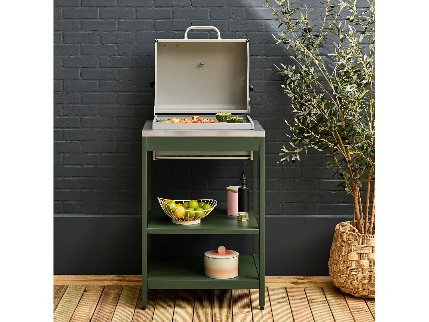 Barbecue grill charbon de bois vert Naxos grille chromée 2 étagères