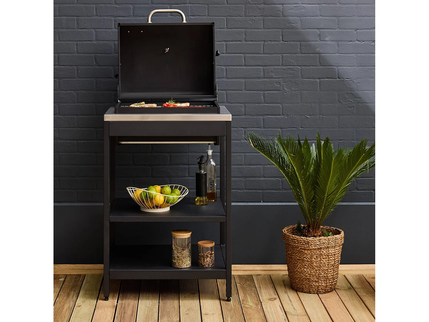 Barbecue grill charbon de bois noir Naxos grille chromée 2 étagères