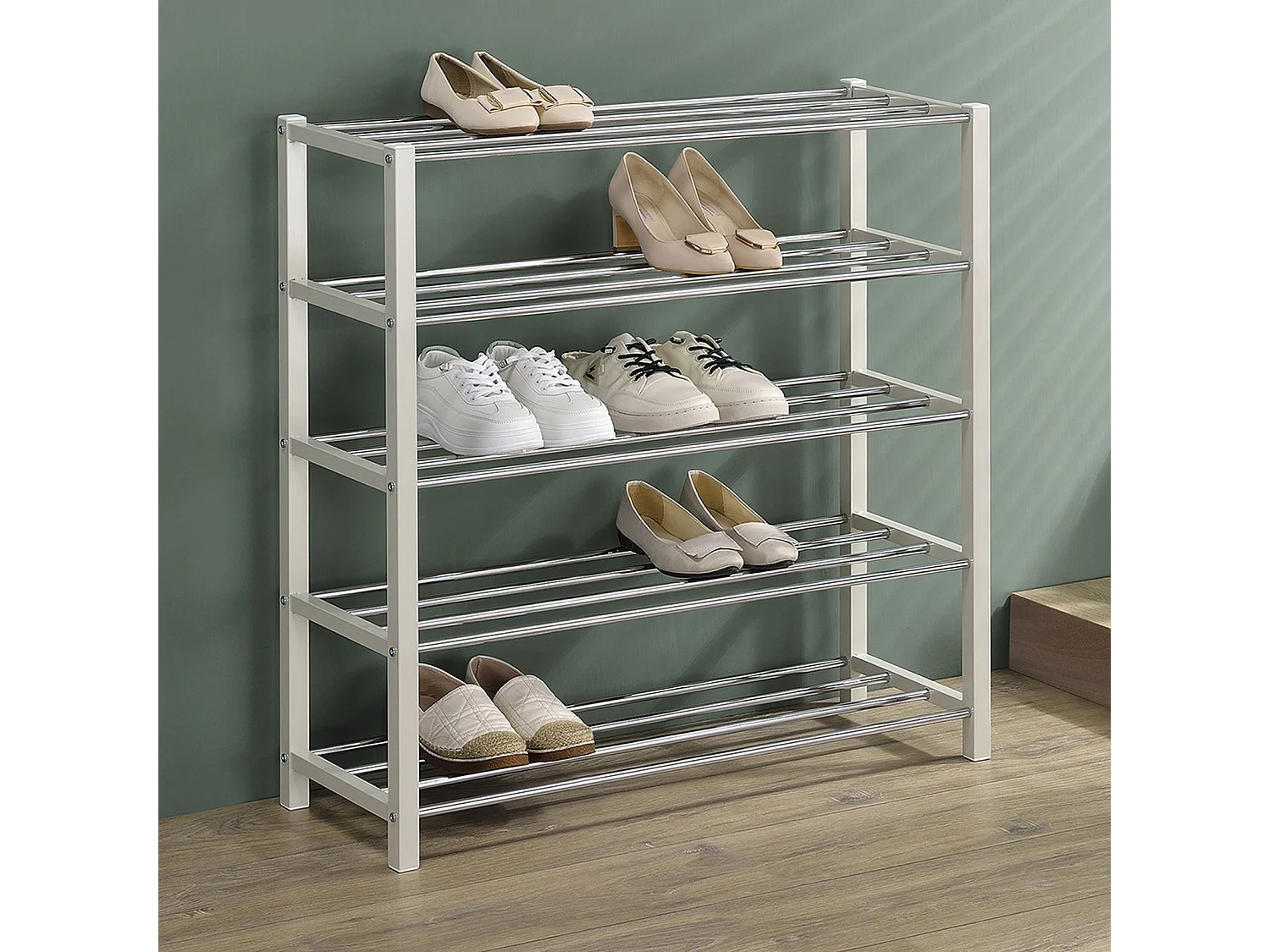 Etagère à chaussures DUBLIN beige rangement porte-chaussures avec 5 niveaux pour 20 paires en métal chromé