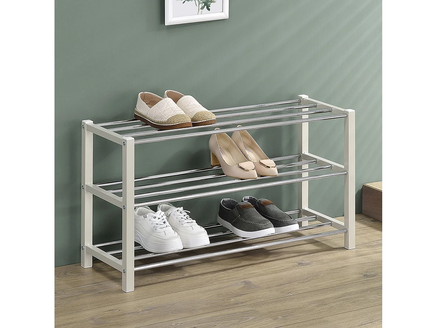 Étagère à chaussures DUBLIN beige rangement porte-chaussures avec 3 niveaux pour 12 paires en métal chromé