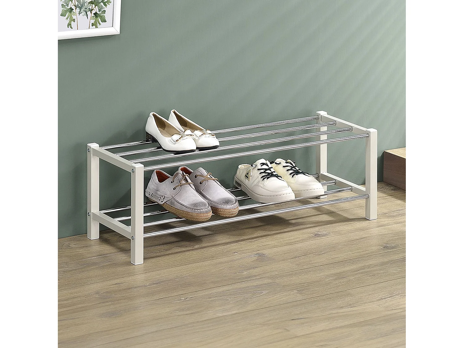 Étagère à chaussures DUBLIN beige rangement porte-chaussures avec 2 niveaux pour 8 paires en métal chromé