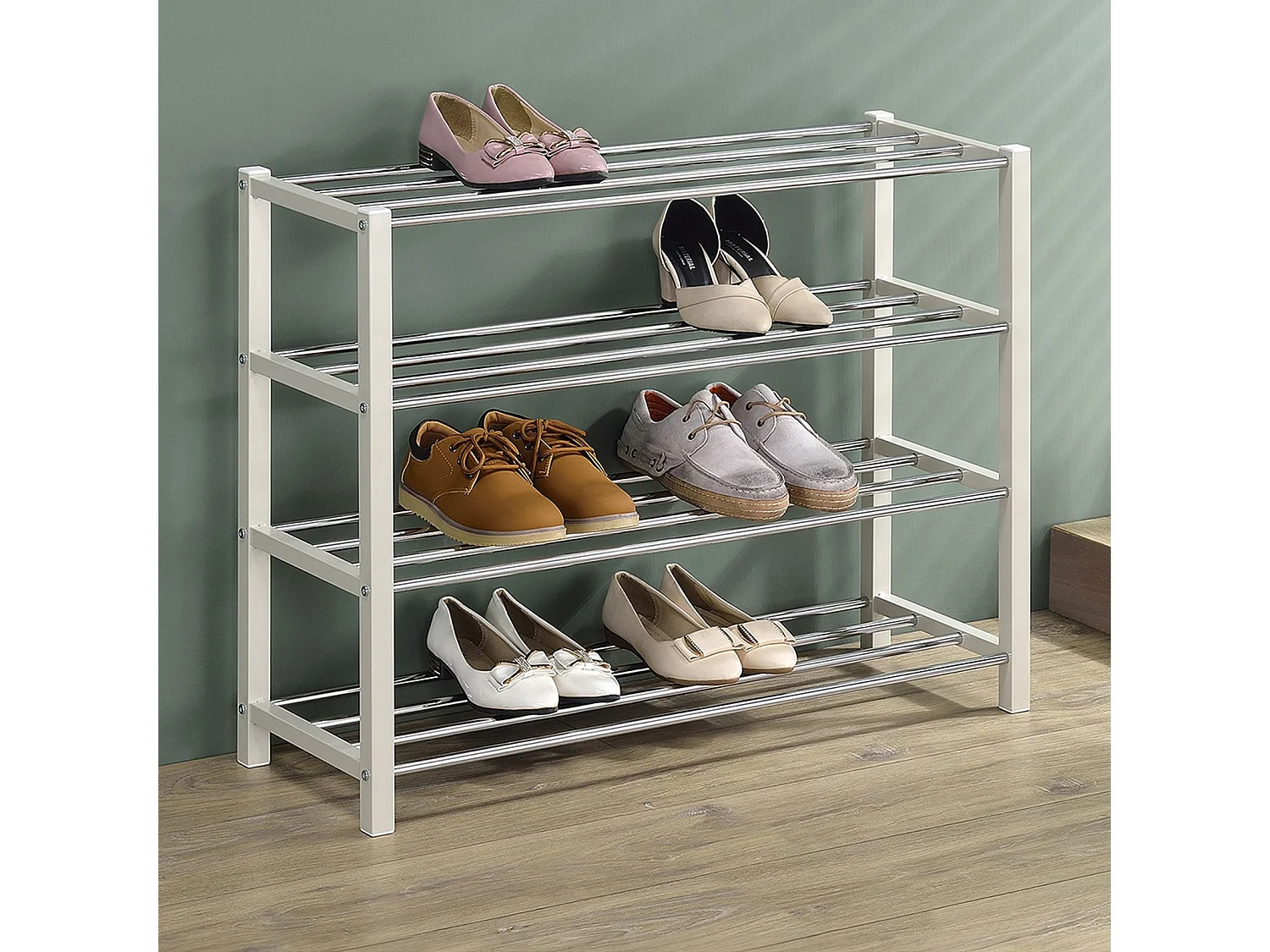 Étagère à chaussures DUBLIN beige rangement porte-chaussures avec 4 niveaux pour 16 paires en métal chromé