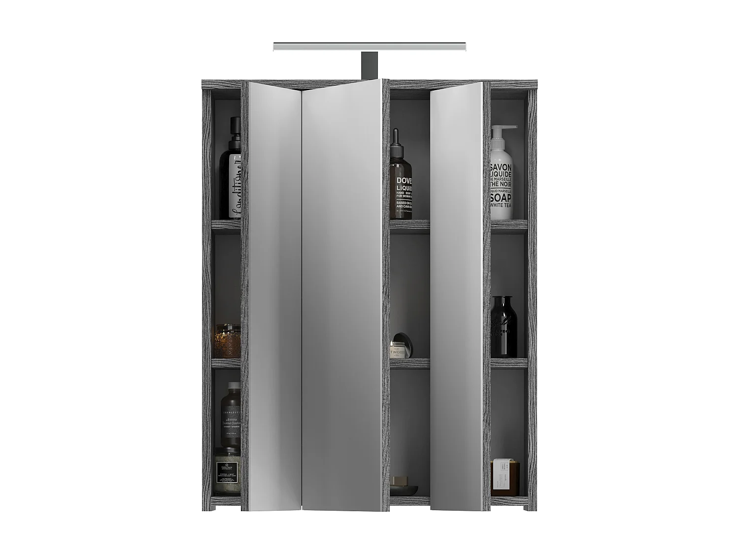 Kaleb - Armoire de toilette en mélaminé blanc et argenté avec miroir, éclairage inclu (L/H/P : 64x77x21 cm)