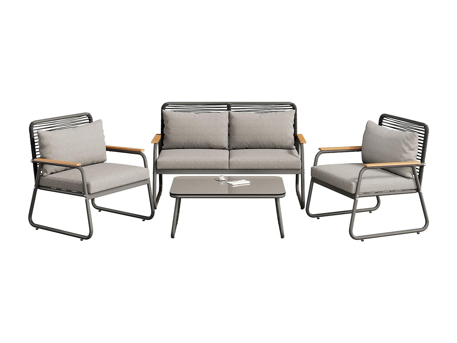 Salon de jardin pour 4 personnes, structure en fer galvanisé, pieds réglables, 1 canapé - 2 fauteuils et 1 table basse, gris