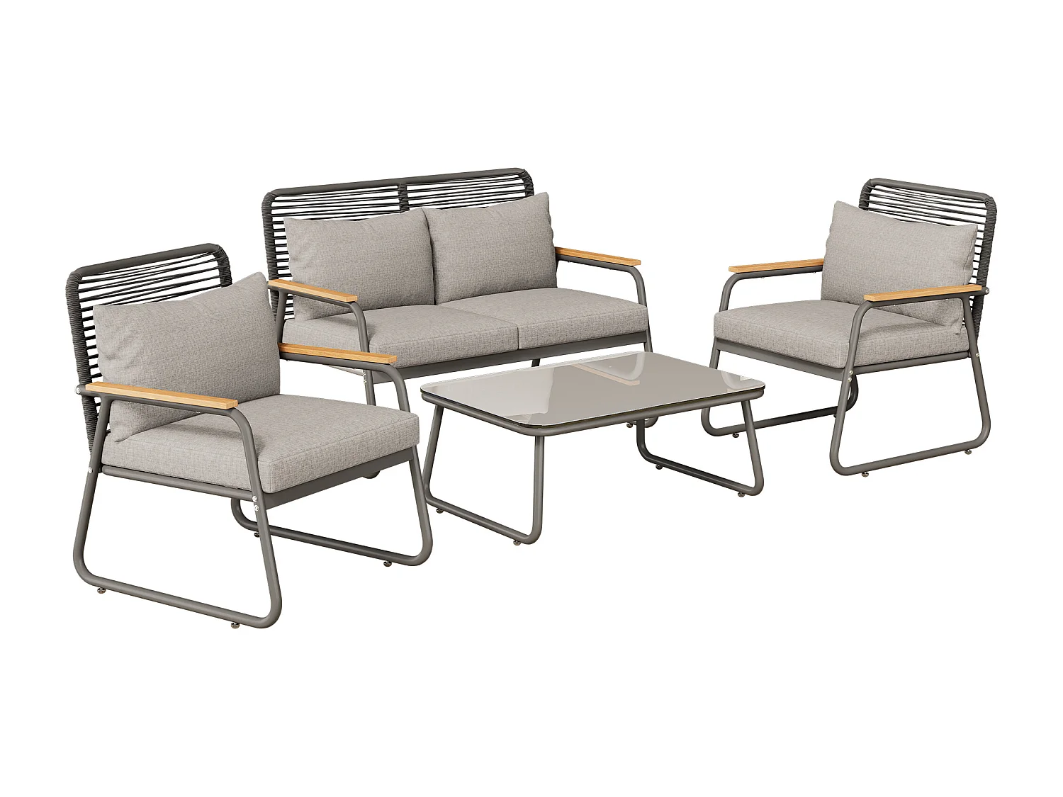 Salon de jardin pour 4 personnes, structure en fer galvanisé, pieds réglables, 1 canapé - 2 fauteuils et 1 table basse, gris