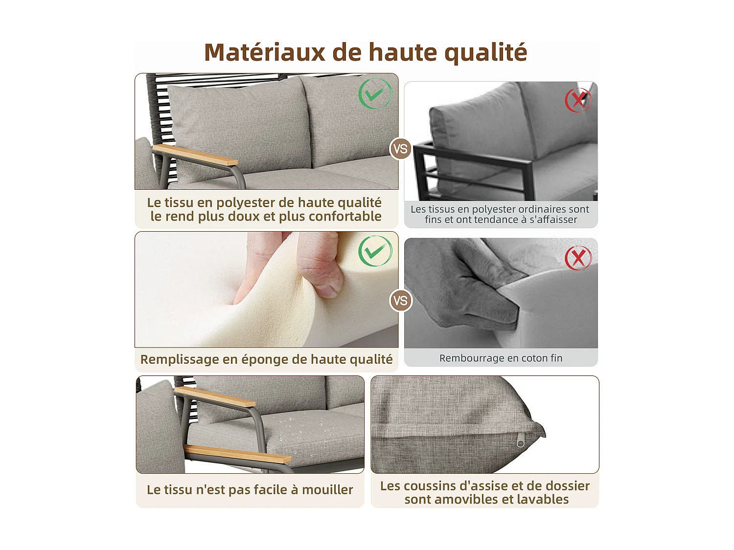 Salon de jardin pour 4 personnes, structure en fer galvanisé, pieds réglables, 1 canapé - 2 fauteuils et 1 table basse, gris