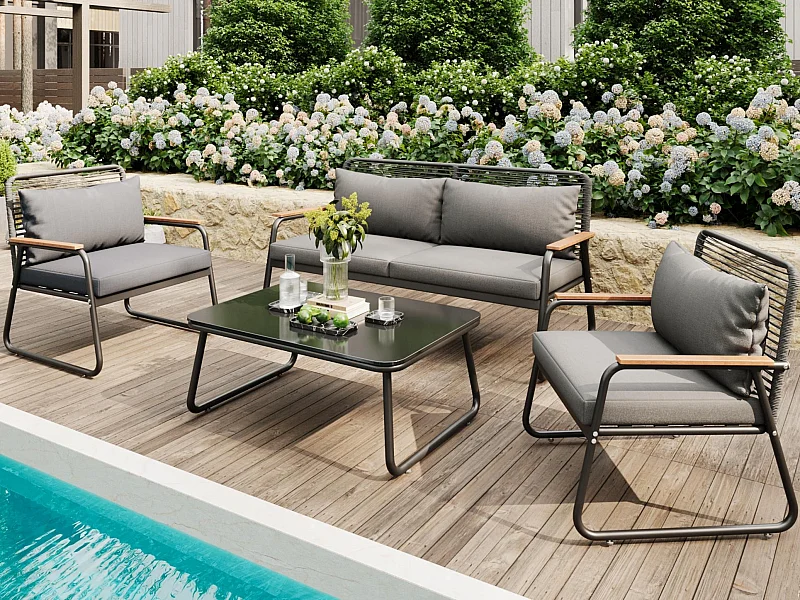 Gartensalon für 4 Personen, verzinkte Eisengestaltung, einstellbare Füße, 1 Sofa - 2 Sessel und 1 Couchtisch, grau