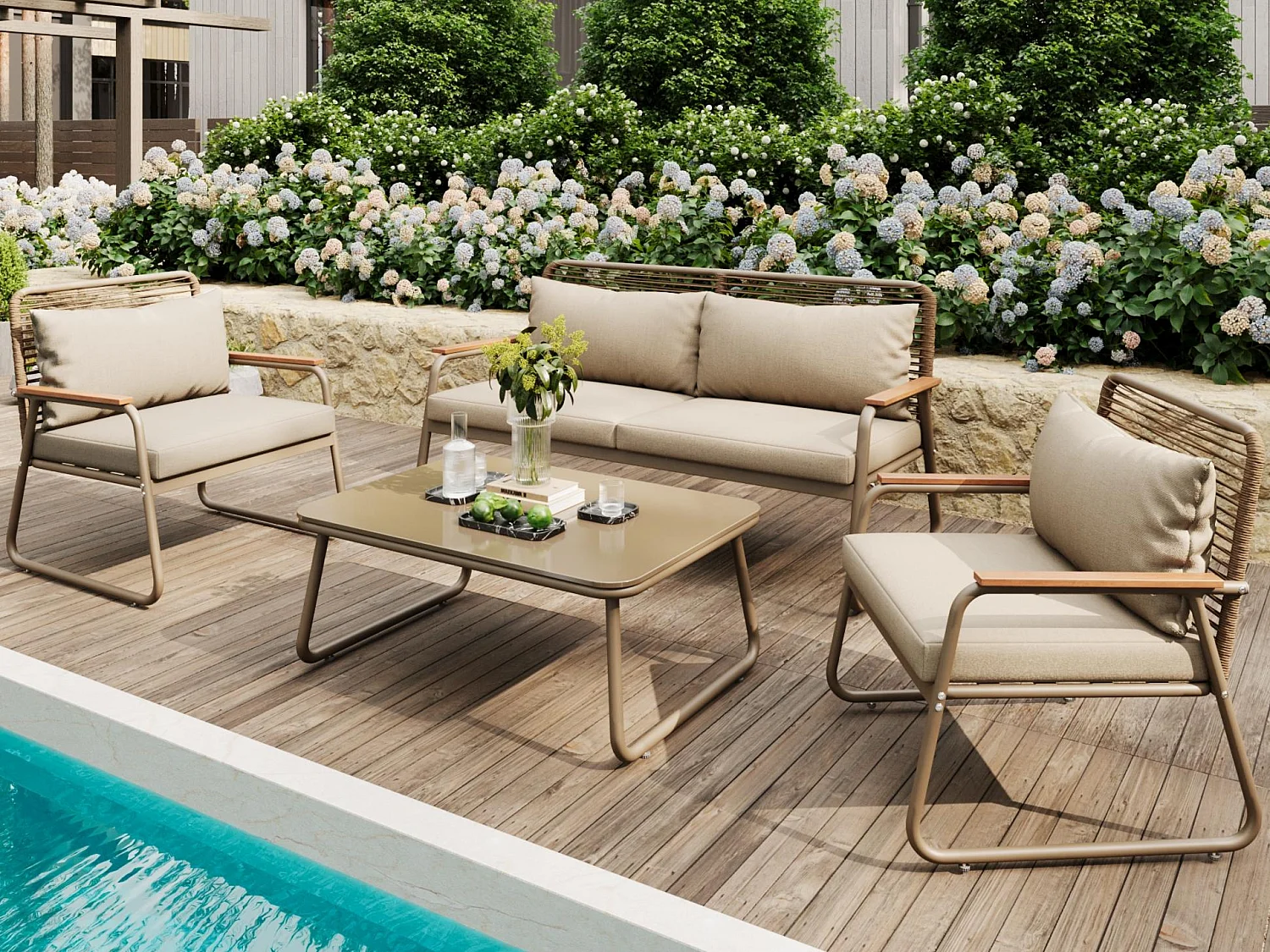 Salon de jardin pour 4 personnes, structure en fer galvanisé, pieds réglables, 1 canapé - 2 fauteuils et 1 table basse, beige