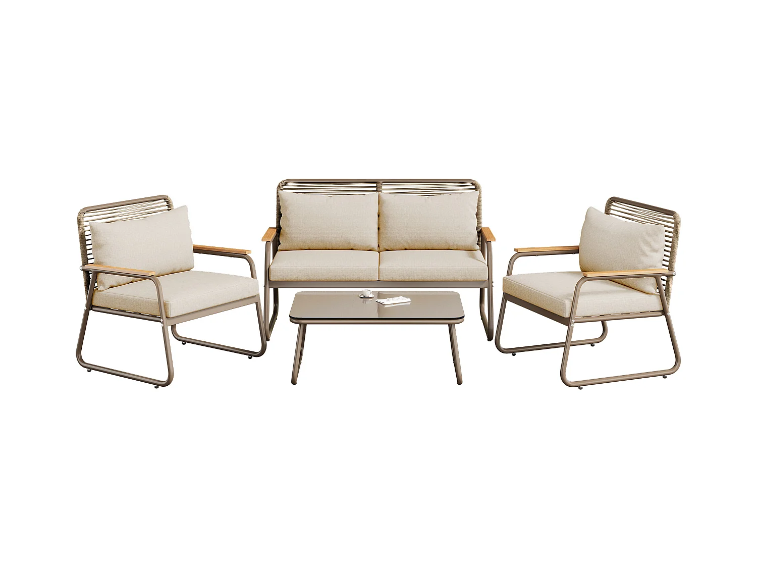 Salon de jardin pour 4 personnes, structure en fer galvanisé, pieds réglables, 1 canapé - 2 fauteuils et 1 table basse, beige