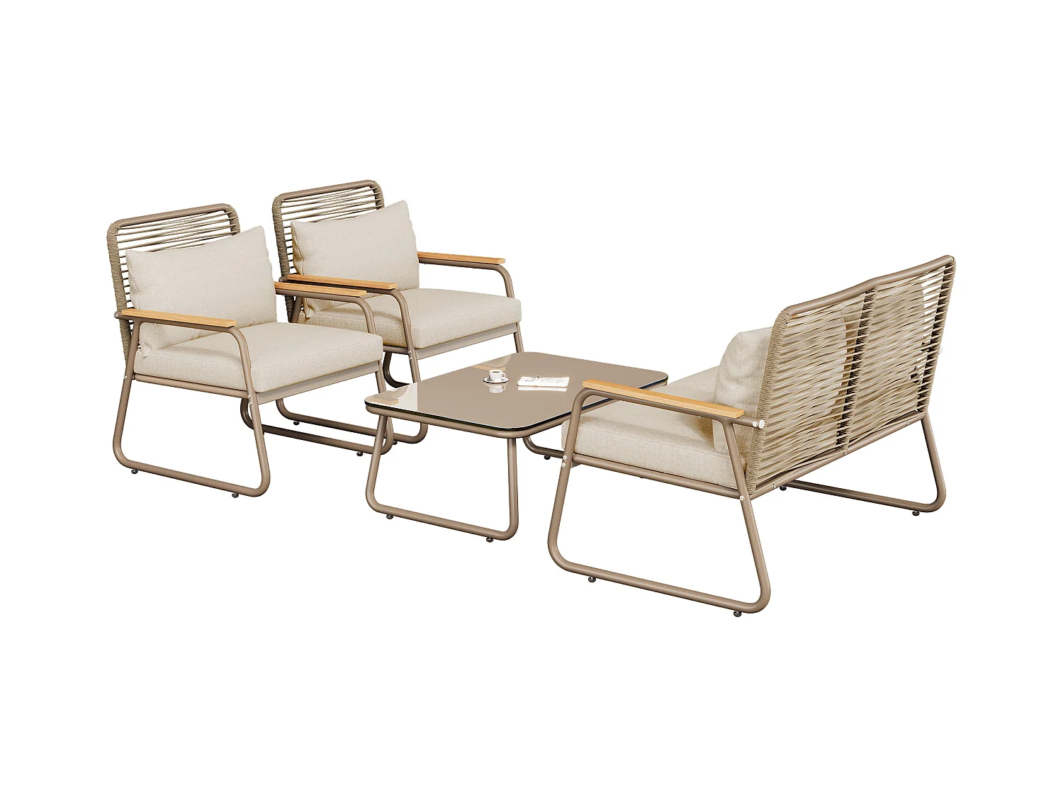 Salon de jardin pour 4 personnes, structure en fer galvanisé, pieds réglables, 1 canapé - 2 fauteuils et 1 table basse, beige