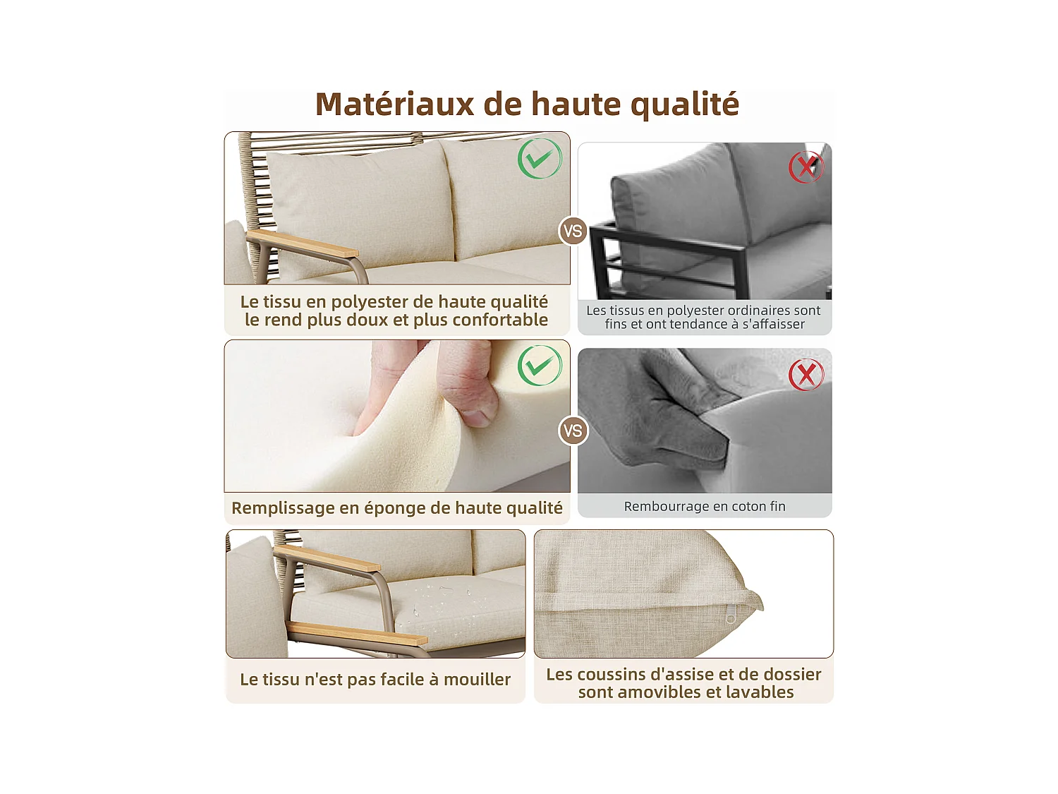 Salon de jardin pour 4 personnes, structure en fer galvanisé, pieds réglables, 1 canapé - 2 fauteuils et 1 table basse, beige