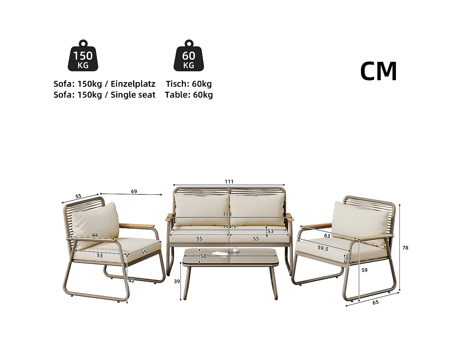 Salon de jardin pour 4 personnes, structure en fer galvanisé, pieds réglables, 1 canapé - 2 fauteuils et 1 table basse, beige