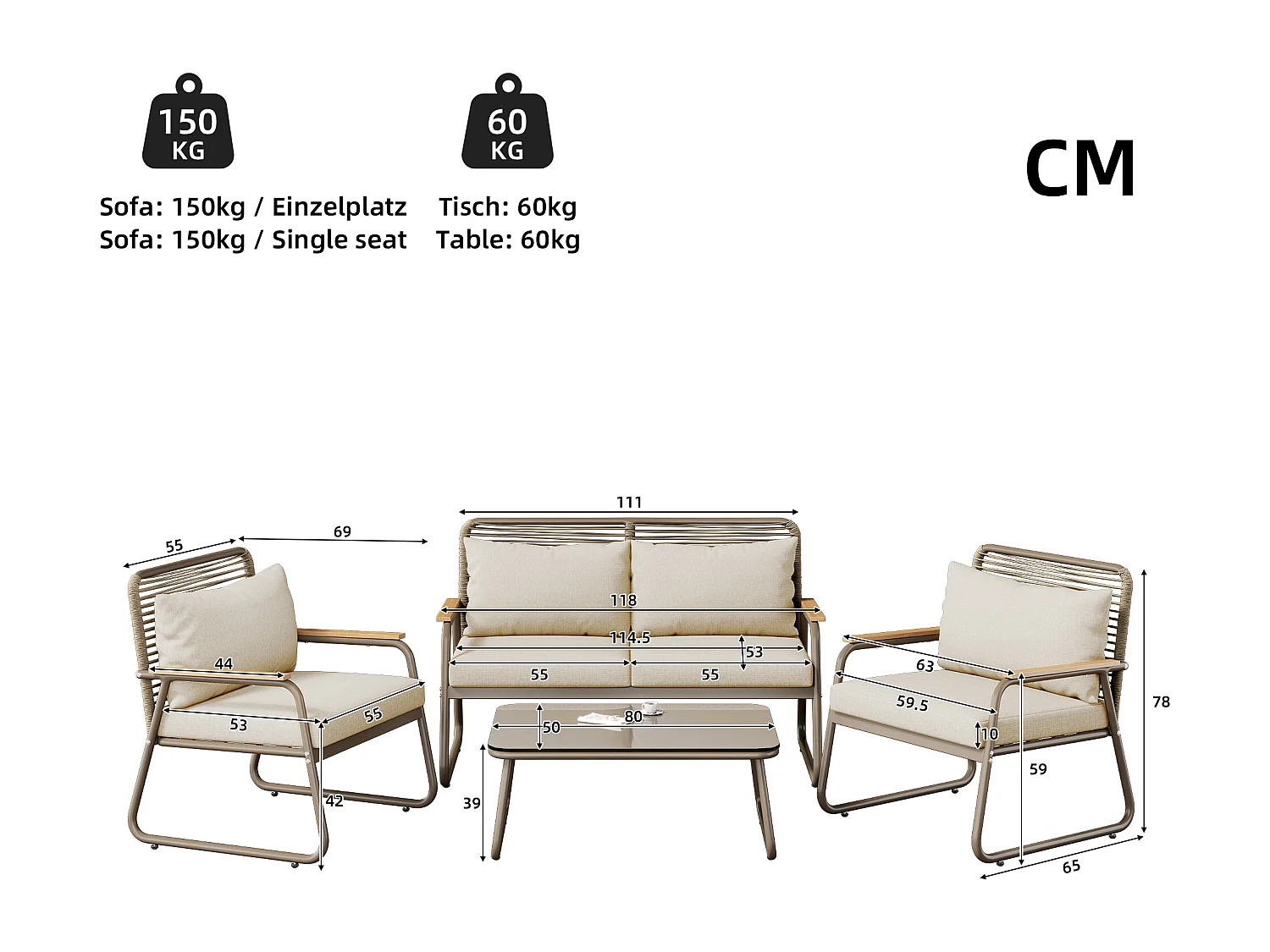 Zestaw mebli ogrodowych dla 4 osób, konstrukcja z ocynkowanej stali, regulowane nogi, 1 kanapa - 2 fotele i 1 stolik kawowy, beżowy