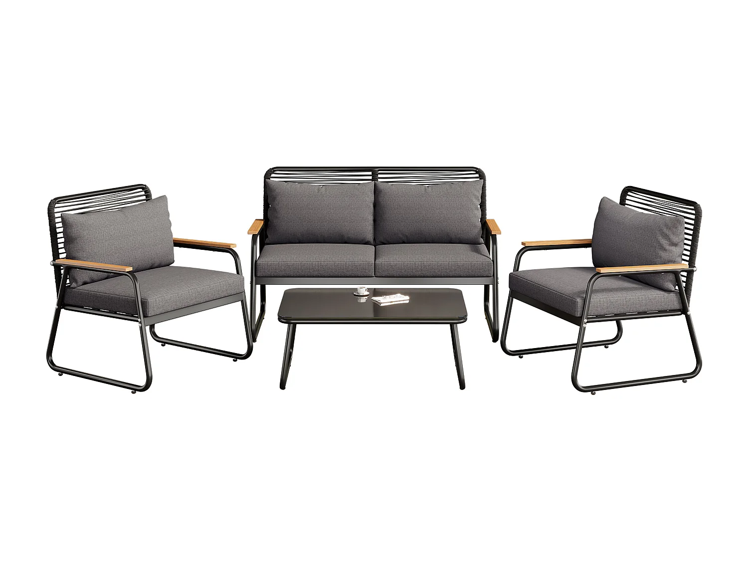 Zestaw mebli ogrodowych dla 4 osób, konstrukcja z ocynkowanej stali, regulowane nogi, 1 kanapa - 2 fotele i 1 stolik kawowy, czarny