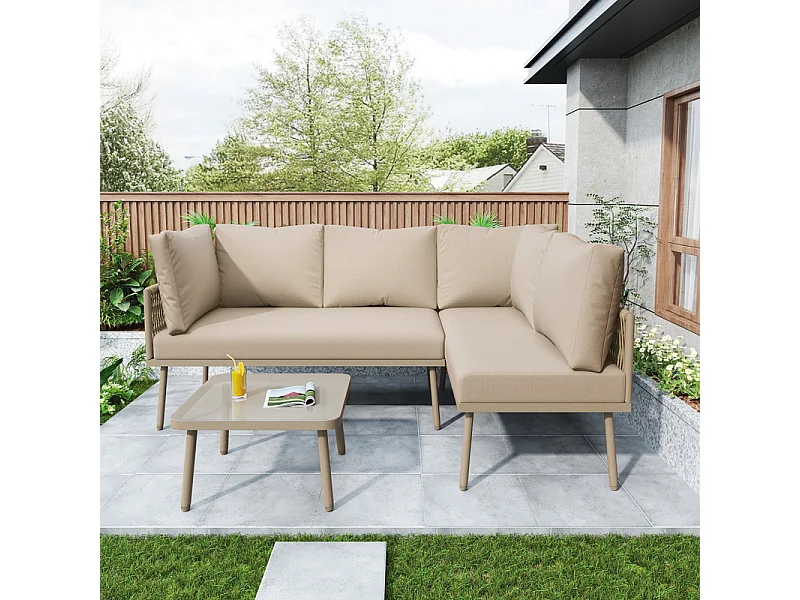 Ensemble de chaises longues de jardin en fer - Ensemble de meubles de jardin en forme de L - Avec coussins d'assise - Pieds réglables - 2 canapés + 1 table - Kaki