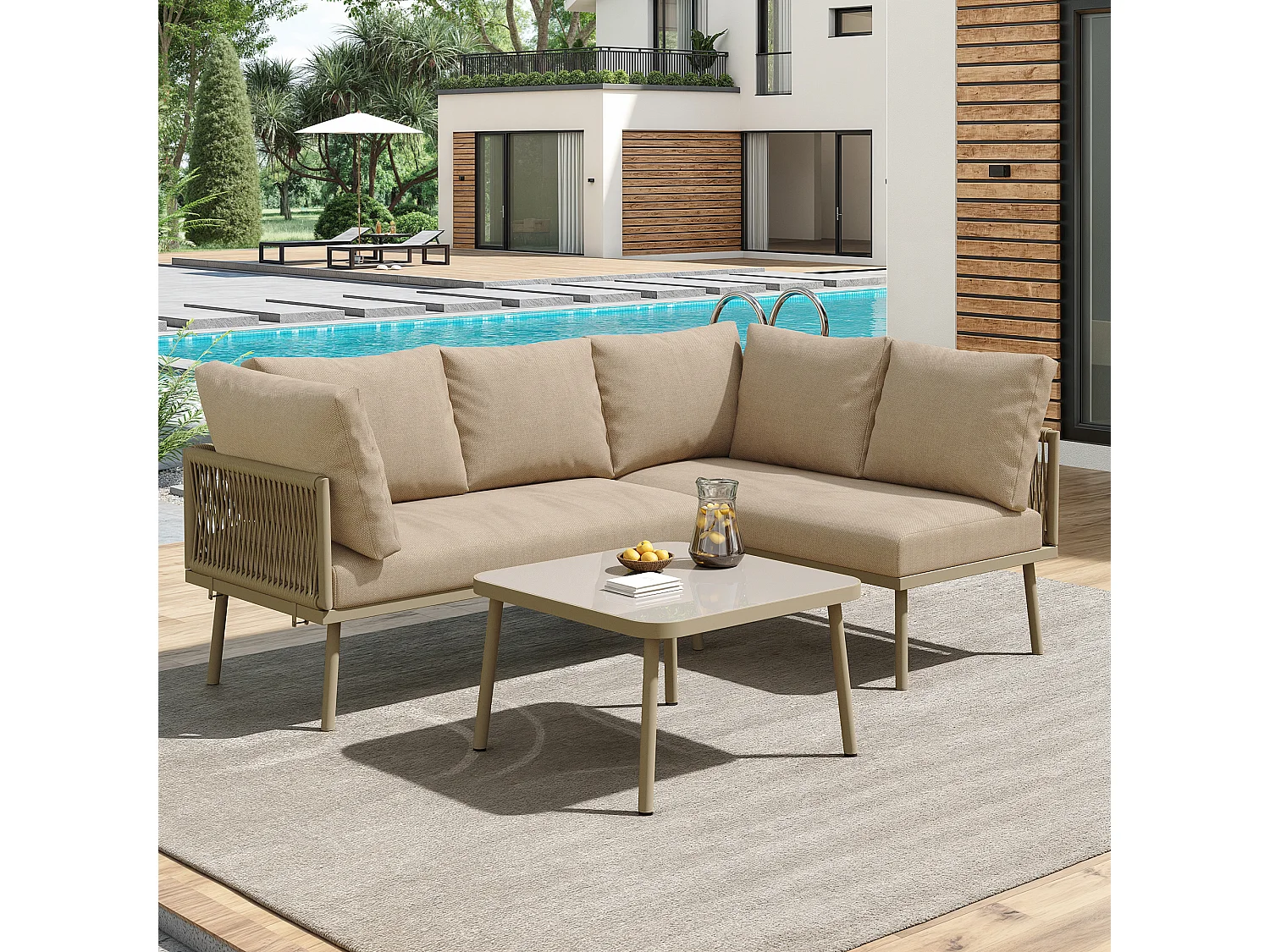 Ensemble de chaises longues de jardin en fer - Ensemble de meubles de jardin en forme de L - Avec coussins d'assise - Pieds réglables - 2 canapés + 1 table - Kaki