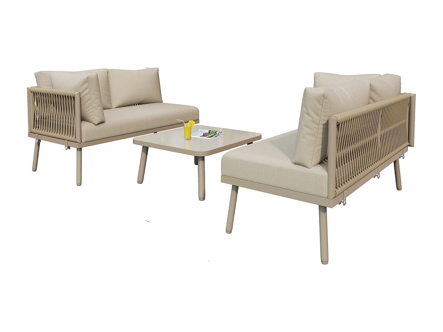 Ensemble de chaises longues de jardin en fer - Ensemble de meubles de jardin en forme de L - Avec coussins d'assise - Pieds réglables - 2 canapés + 1 table - Kaki