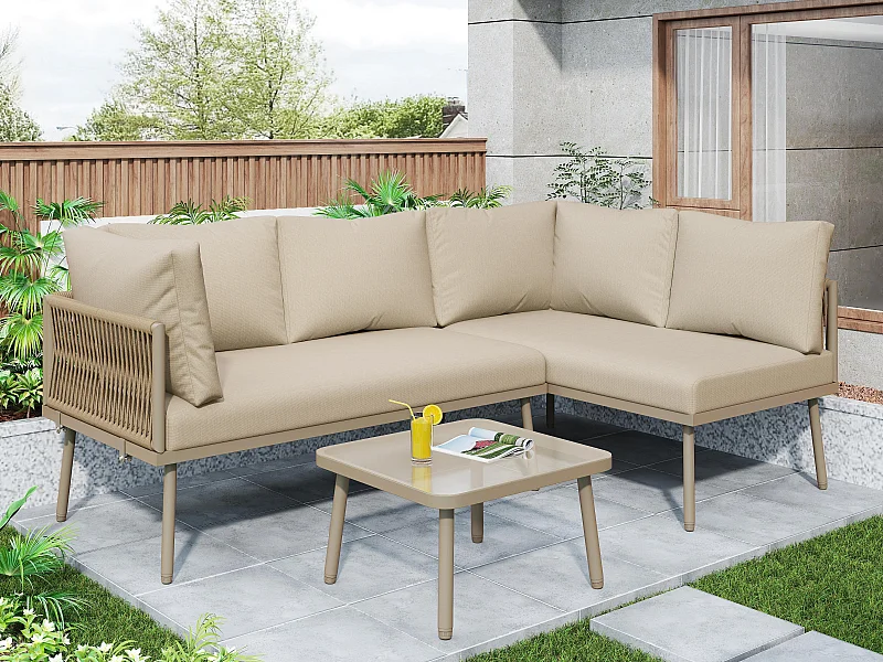 Insieme di sdraio da giardino in ferro - Insieme di mobili da giardino a forma di L - Con cuscini per seduta - Piedi regolabili - 2 divani + 1 tavolo - Cachi