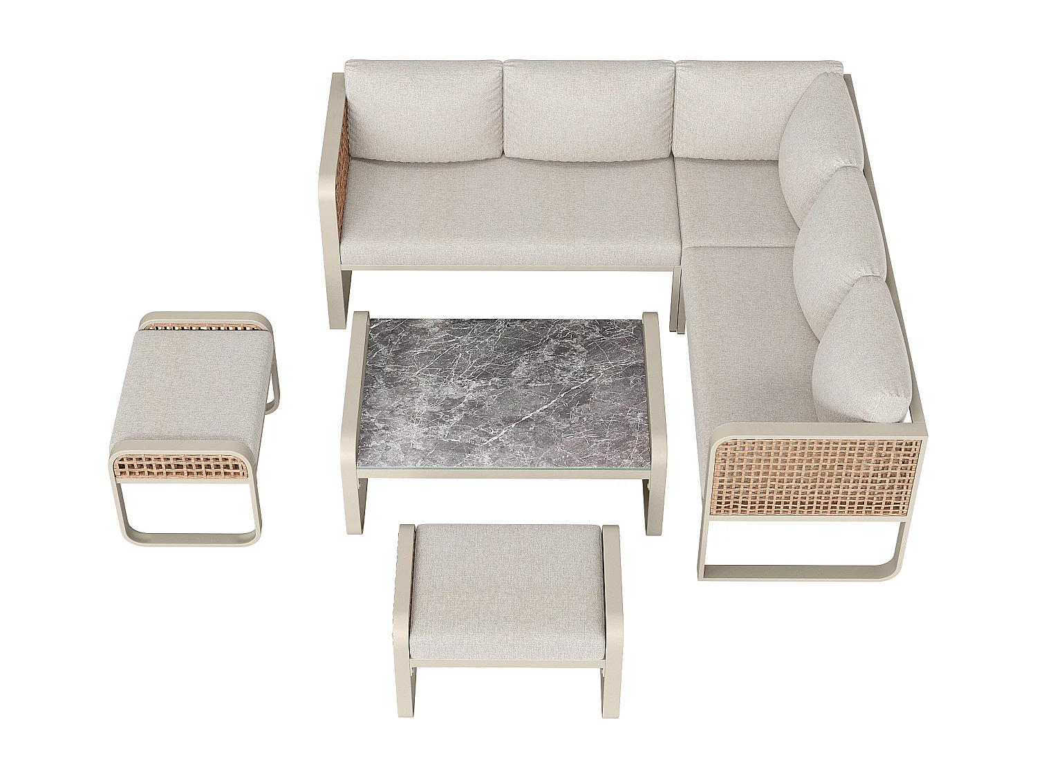 Gartenmöbel-Set, Rattanmöbelgruppe für 6-7 Personen, Eckcouch - aus verzinktem Eisen, höhenverstellbare Füße, Beige