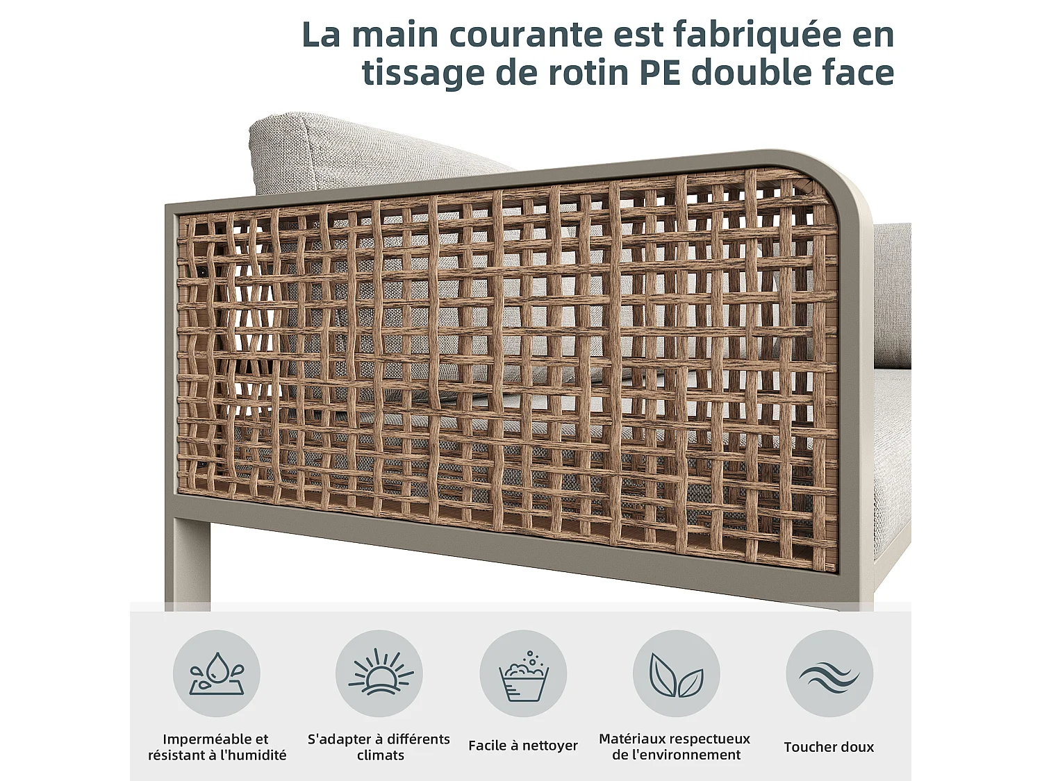 Gartenmöbel-Set, Rattanmöbelgruppe für 6-7 Personen, Eckcouch - aus verzinktem Eisen, höhenverstellbare Füße, Beige