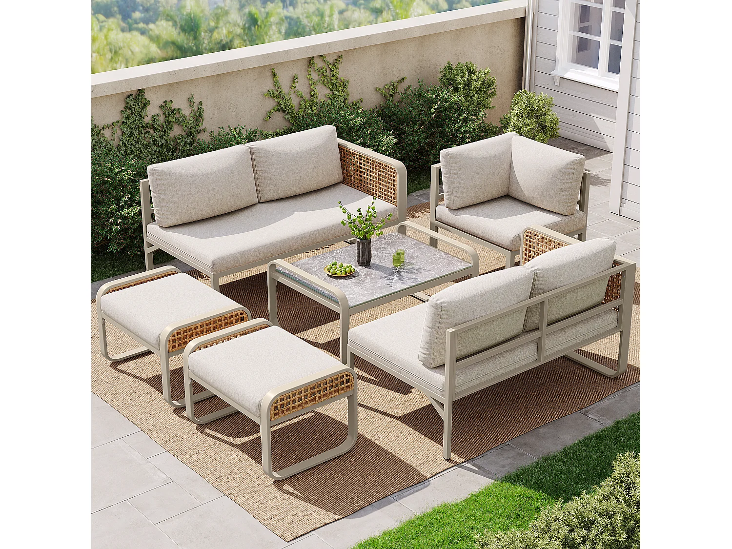 Set da giardino, mobili in rattan per 6-7 persone, divano angolare - in ferro zincato, piedi regolabili, Beige