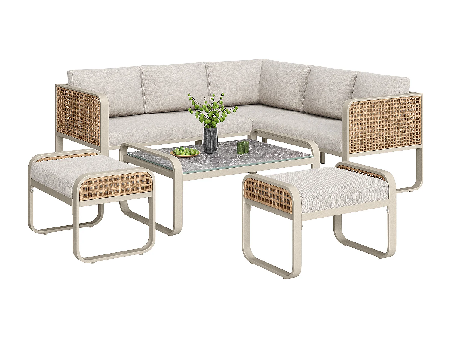 Set da giardino, mobili in rattan per 6-7 persone, divano angolare - in ferro zincato, piedi regolabili, Beige