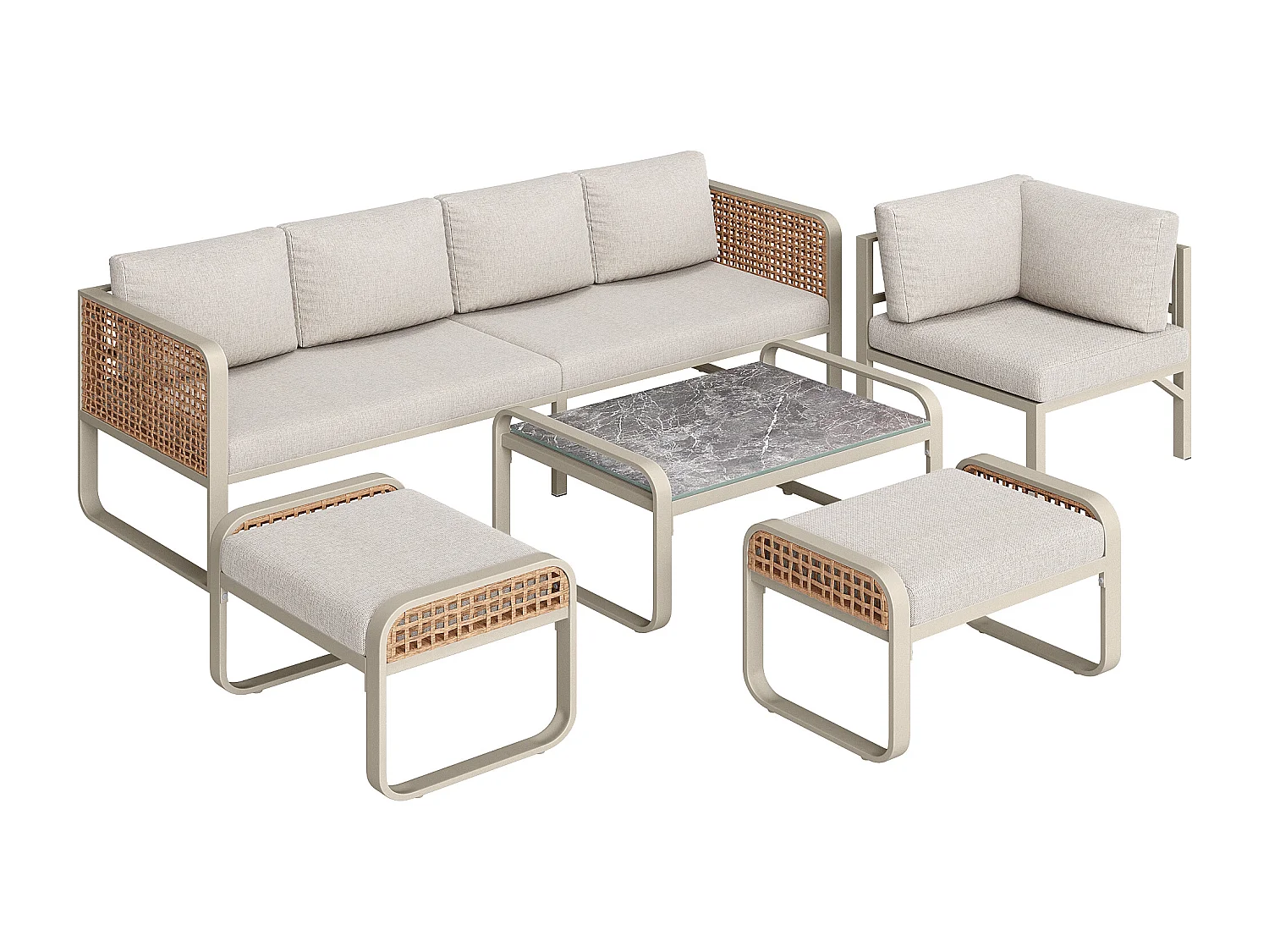 Set da giardino, mobili in rattan per 6-7 persone, divano angolare - in ferro zincato, piedi regolabili, Beige
